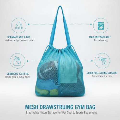 Mesh Drawstring Gym Bag, Breathable Nylon Storage for Wet Gear and Sports Equipment, 17 x 15 Inch (1 PC) - color: Blue
