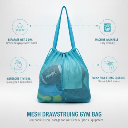 Mesh Drawstring Gym Bag, Breathable Nylon Storage for Wet Gear and Sports Equipment, 17 x 15 Inch (1 PC) - color: Blue