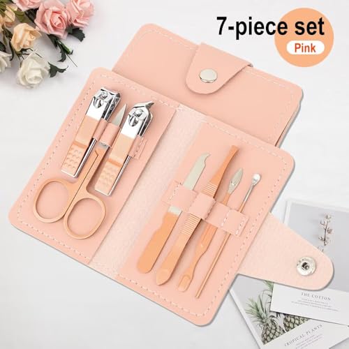 7 -Piece Manicure & Pedicure Kit with Portable PU Leather Case, Stainless Steel Nail Care Tools Set for Home & Travel (Pink/Purple/Green Options) - color: Pink