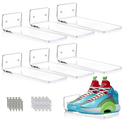 SIPRDE Floating Shoe Display Shelves for Wall Mount Set of 6 - Clear Acrylic Floating Shelves for Showcase Sneaker Collection or Shoes Box