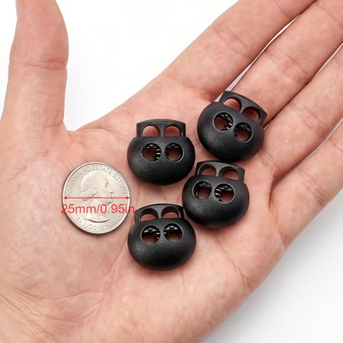 30 PCS Black Plastic Spring Cord Lock Toggle, Double Hole Drawstring Cord Lock Stopper Fastener Slider for Paracord, Shoelace Lock, Elastic Rope, Lanyard, Hoodies and Bags
