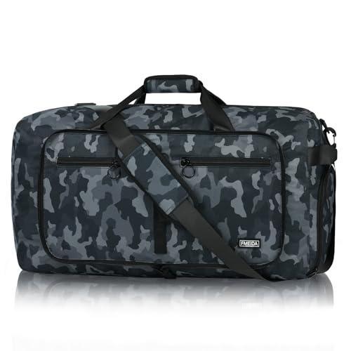 Fmeida 65L Duffle Bag with Shoes Compartment, Foldable Travel Duffel Bags for Men Women, Large Packable Travel Bag Water Repellent & Tear Resistant (BlackCamo) - color: Glossy BlackCamo