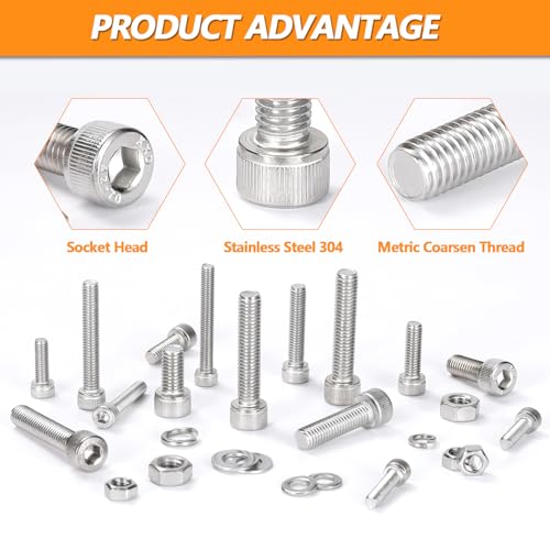 200 PCS M6 Screws Assortment Kit, Hex Socket Head Screws Nuts Bolts and Washers Set, 304 Stainless Steel Metric Machine Screws,16/20/30/40/45/50mm Metric Hex Head Socket Cap Bolt & Nut Assortment - size: M6 - 200PCS