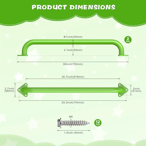 SELEWARE 30" Green Metal Playground Handles Playset Grab Bars Ladder Handle | 500LB 2Pcs Heavy Duty Steel Kids Playground Handles for Indoor/Outdoor Ladder Handrail Swing Set Treehouse Rock Climbing Wall - color: E: 30"-2 Pcs-green