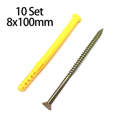 10 Set M5x100 Screws and Anchors with 8x100 Plastic Expander Anchors - Screw Hole Fillers, Galvanized Plated for Drywall, Hollow Wall, Concrete, Ceiling Tile, Wood (8-100mm, 10 Set, M5x100) - size: Φ8-100mm