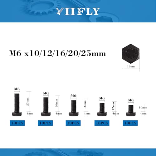 M6-1.0 Hex Head Screw Bolts - 10/12/16/20/25mm Length Kit, 12.9 Grade Alloy Steel, Hexagon Head Bolts, Black Oxide Finish, Full Thread,Quantity 50-Piece Set - size: 12.9-Hex-M6-10-25mm