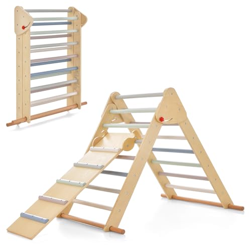 OLAKIDS Pikler Triangle Set 3 in 1 Climbing Toys for Toddlers Foldable Wood Montessori Baby Jungle Gym with Ramp Ladder Slide Kids Indoor Playground Activity Play Structure - color: Morandi