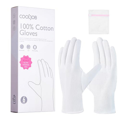 COOLJOB 6 Pairs Cotton Moisturizing Gloves for Dry Hands & Eczema, White S - color: White, size: Small