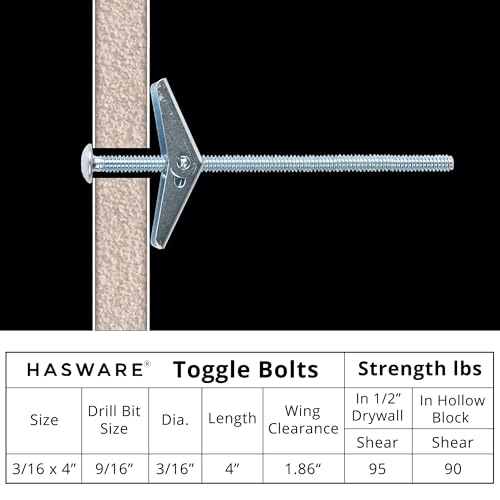 HASWARE Toggle Bolt Zinc Plated Steel and Wing Nut for Hanging Heavy Items on Drywall 3/16x4 (12 Pack) - size: 3/16x4" (12 Pack)