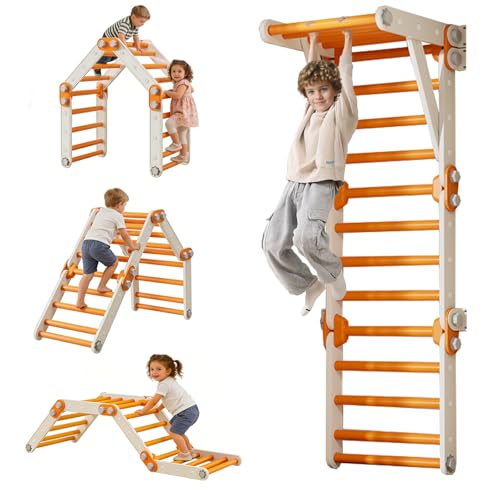 Toddler Climbing Gym Indoor, Foldable Pikler Triangle Set (Orange) | Indoor jungle gym, Montessori toddler climber. Converts to wall ladder. Safe HDPE 220lb load. Climbing toy gift for ages 1-6+ - color: Orange