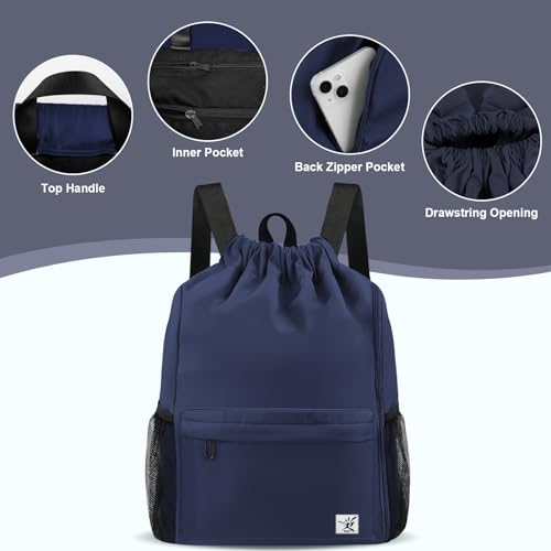 Drawstring Backpack with Mesh Pockets String Gym Bag Sackpack Sandproof Water Resistant Beach Backpack for Men Women - color: Midnight Blue