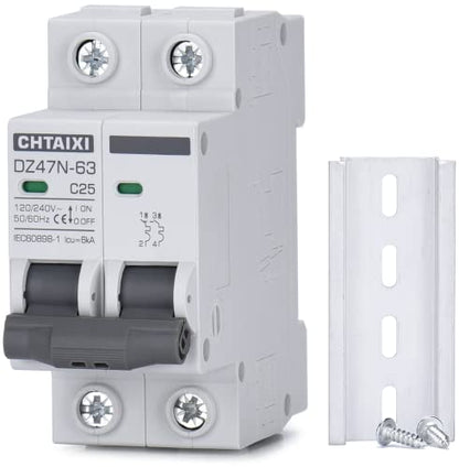 AC Miniature Circuit Breaker, 25 Amp 120V/240V 2 Pole DIN Rail Mount Circuit Breaker, Thermal Magnetic Trip, Solar AC Disconnect Switch MCB C25 - style: 25 Amp