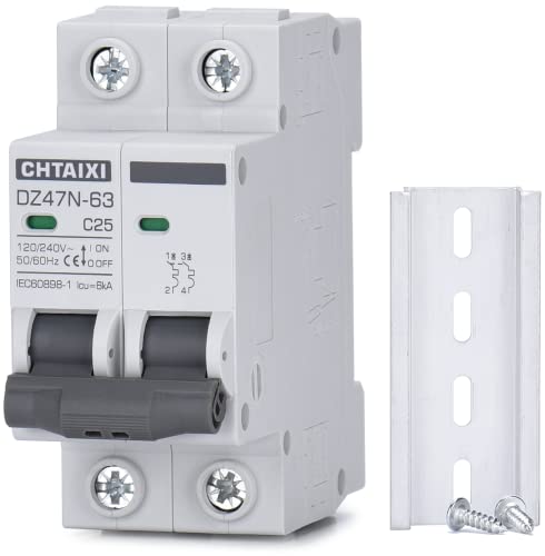 AC Miniature Circuit Breaker, 25 Amp 120V/240V 2 Pole DIN Rail Mount Circuit Breaker, Thermal Magnetic Trip, Solar AC Disconnect Switch MCB C25 - style: 25 Amp