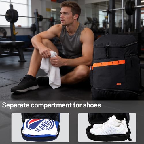 MIER Men's Gym Backpack Lightweight Sports Bag with Shoe Compartment | 35L Capacity Back Pack, Multi-Pockets, Separate Compartment, Wet Pocket, Water Resistant, For Training, Workout & Travel - color: Black