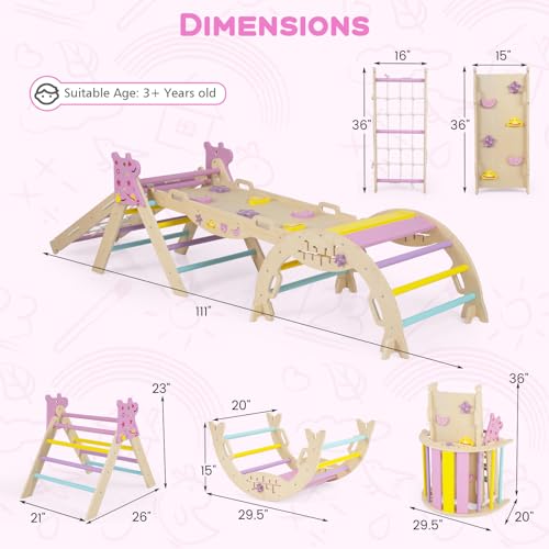 HONEY JOY Pikler Triangle Set, 9 in 1 Foldable Wooden Triangle Climber w/Arch, Ramp, Climbing Rope & Ladder, Baby Indoor Playground Jungle Gym, Montessori Climbing Toy for Toddlers (Purple) - color: Purple