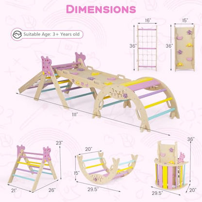 HONEY JOY Pikler Triangle Set, 9 in 1 Foldable Wooden Triangle Climber w/Arch, Ramp, Climbing Rope & Ladder, Baby Indoor Playground Jungle Gym, Montessori Climbing Toy for Toddlers (Purple) - color: Purple