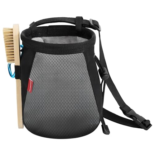 MoKo Rock Climbing Chalk Bag, Bouldering Chalk Pot Bucket with Adjustable Belt & Carabiner Drawstring Climbing Gear for Rock Climbing Weight Lifting Gymnastics Crossfit - Black+Grey | Nylon with soft inner, water-repellent, drawstring closure, adjustable