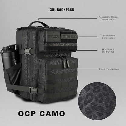 WOLFpak 35L Athletic Gym Backpack - Durable 1000D Waterproof Oxford Material with MOLLE Webbing, Laptop Pocket - color: Black Leopard