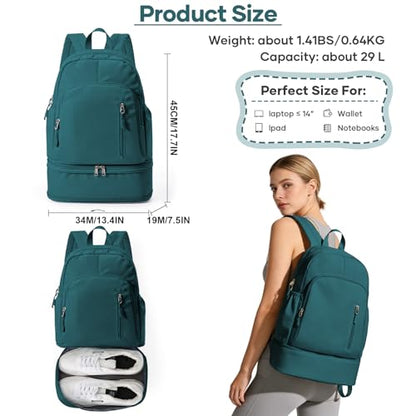 Gym Backpack for Women, Dance Volleyball Backpacks With Shoe Compartment | For Yoga Fitness Beach Hiking Sports - color: Peacock Blue