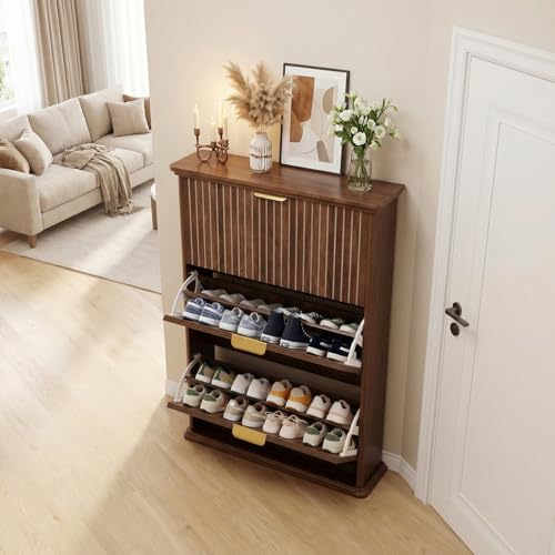 Walnut Hidden Shoe Storage Cabinet,Narrow Shoe Rack Cabinet with 3 Flip Drawers,Freestanding Shoe Organizer for Entryway