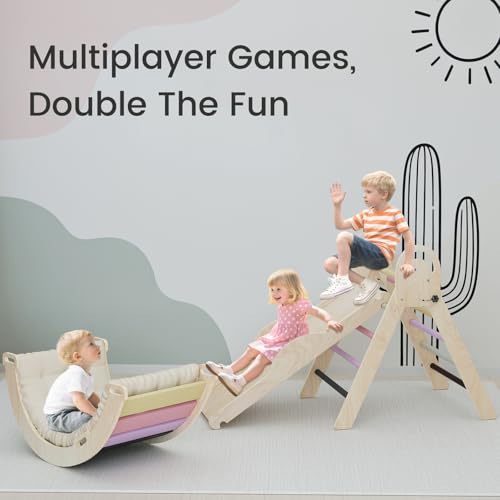 Pikler Triangle Set, Baby Climbing Playset Toys Indoor, Jungle Gyms for Toddlers Ages 1-4, Toddler Climbing Playground with Cushion & Toy Car - color: Purple