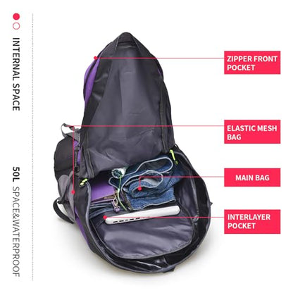 Bseash 50L Hiking Backpack, Water Resistant Lightweight Outdoor Sport Daypack Travel Bag for Camping Climbing Skiing Cycling (Purple - No Shoe Compartment) - color: Purple - No Shoe Compartment