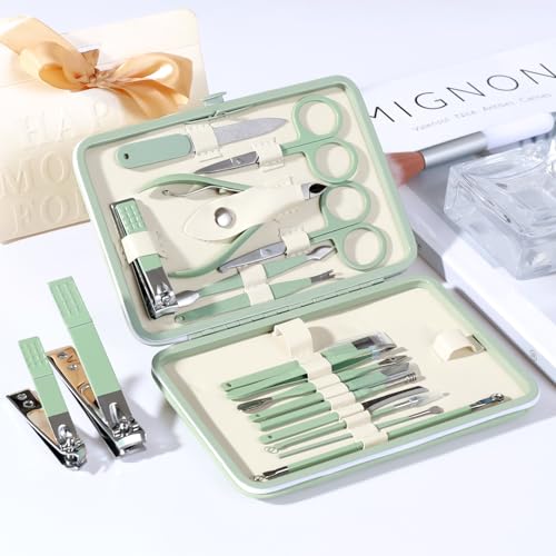 Manicure Set Pedicure Kit Nail Clippers Set Fingernail Clipper Set Ingrown Toenail Nail Kit Scissor Nail Trimmer Kit 18 Pieces Women and Men’s Care Grooming Tools with Fine Case (Tea Green_18 Pieces) - color: Tea Green_18 Pieces
