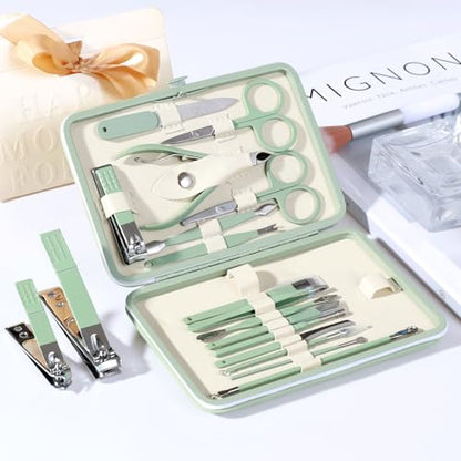 Manicure Set Pedicure Kit Nail Clippers Set Fingernail Clipper Set Ingrown Toenail Nail Kit Scissor Nail Trimmer Kit 18 Pieces Women and Men’s Care Grooming Tools with Fine Case (Tea Green_18 Pieces) - color: Tea Green_18 Pieces