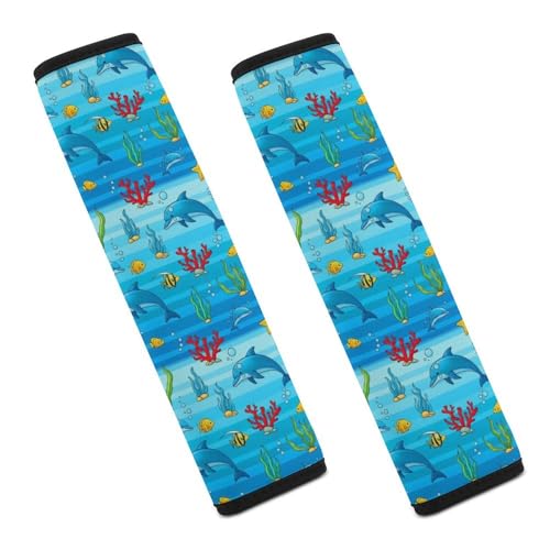 2 Pack Blue Dolphin Pattern Car Seat Straps Shoulder Pads Universal Fit Neck Strap Covers for Adults and Children, All Vehicles, Pressure Relief