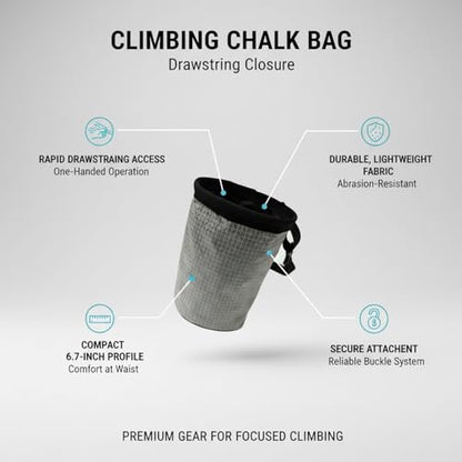 Climbing Chalk Bag with Drawstring Closure - Lightweight Waist Pouch for Rock Climbing, Bouldering & Gym Training (6.7 Inch Opening) - color: Gray