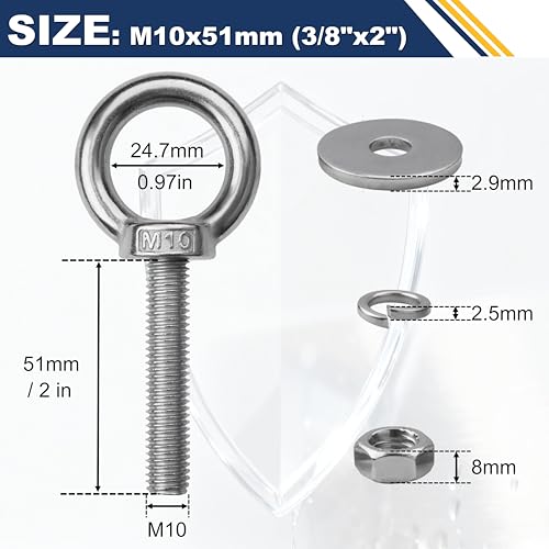 4 Pack M10 Stainless Steel Eye Bolts with Nuts, 3/8" x 2" Eye Bolts | 304 Stainless Steel Eye Bolt,Eye Bolts Heavy Duty for Hang Tie Down Outdoor,3/8 eye bolts with nuts,m10 eye bolts - size: M10x51mm (3/8"x2")