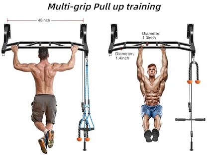 SELEWARE 48'' Heavy Duty Wall Mount Pull Up Bar with Cable Pulley System | Multi-function Chin up Bar with Cable Pulleys LAT Pulldown Attachments Heavy Bag Hanger for Home/Garage Gym Strength Training - color: A. Black Pull Up Bar with Cable Pulley System