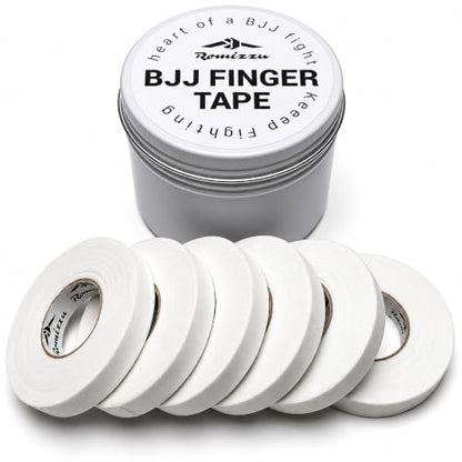 BJJ Finger Tape with Metal Storage Tin - 6 Rolls (26ft) Grappling Tape, MMA | Breathable cotton, residue-free tape offers strong finger support. Great for wrestling, rock climbing, Jiu Jitsu. 0.3in wide. - color: White