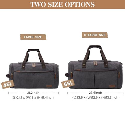 S-ZONE 65L Expandable Canvas Duffle Bag Travel Overnight Holdall Weekend Bag with Shoes Compartment Large Carry On Bag Tote Gym Bag for Men Women, Grey, L | Cotton Canvas, 45L Large Size, Shoes Compartment,Multi-Pocket, Removable Shoulder strap for Gym or