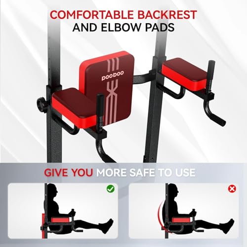 Pooboo Power Tower Dip Station Pull Up Bar for Fitness Home Gym Workout,450 Pounds Multi-Function Adjustable Height Fitness Strength Training Exercise Equipment,with Power Elastic Ropes - color: Black Red-03
