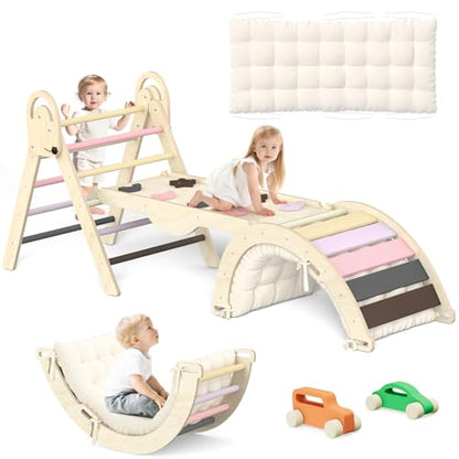 Pikler Triangle Set, Baby Climbing Playset Toys Indoor, Jungle Gyms for Toddlers Ages 1-4, Toddler Climbing Playground with Cushion & Toy Car - color: Purple