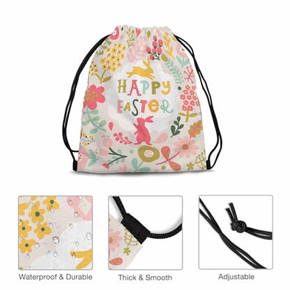 Drawstring Backpack Happy Easter Lightweight Gym Backpack Surrounding by Rabbits Pink Yellow Flower Red Berry Green Leaf for Women Men 14x16.9 Inch - color: Rabbits