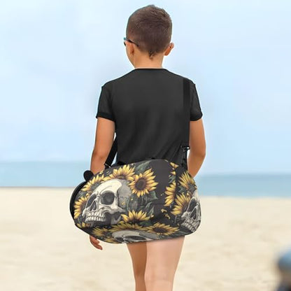 Kids Sports Duffel Bag for Boys & Girls - Skull Summer Sunflowers 100% Polyester Gym Bag with Separate Shoe Compartment, Adjustable Shoulder Strap, Compact Travel & Workout Gear Bag - color: Skull Summer Sunflowers