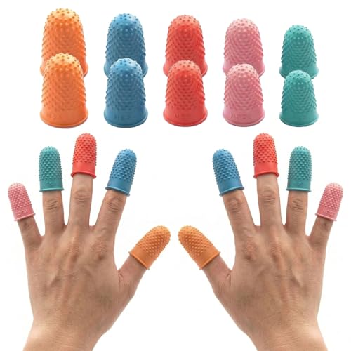 10PCS Rubber Finger Tips Protectors, 5 Colors 2 Each, Reusable Silicone Thimbles for Sewing, Craft, Paperwork & Money Counting