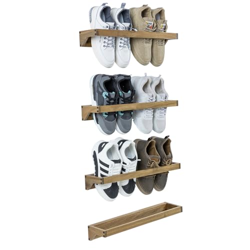 MyGift Set of 4 Premium Acacia Wood Wall Hanging Shoe Rack, Wall Mounted Space Saving Footwear Storage System for Closet, Mudroom, Entryway, Holds 8 Pairs - color: Acacia Wood