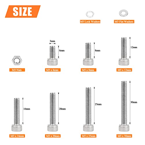 HELIFOUNER 540 Pieces M3 x 6mm /8mm /12mm /16mm /20mm /25mm /30mm, Hex Socket Head Cap Screws Bolts Washers Nuts Kit, 304 Stainless Steel - size: M3, style: Socket Head Screws
