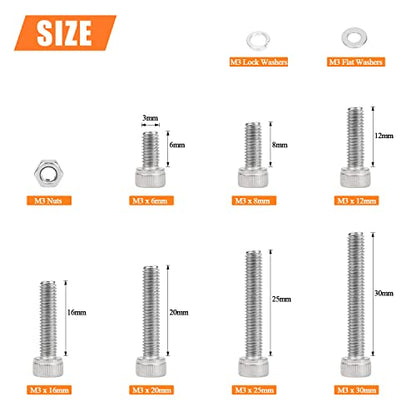 HELIFOUNER 540 Pieces M3 x 6mm /8mm /12mm /16mm /20mm /25mm /30mm, Hex Socket Head Cap Screws Bolts Washers Nuts Kit, 304 Stainless Steel - size: M3, style: Socket Head Screws