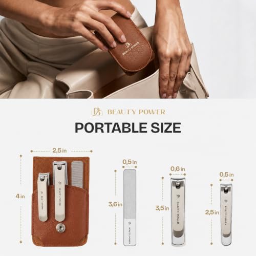 Beauty Power Nail Clippers Set 3 in 1 - Stainless Steel Toe Nail Clippers, Fingernail Clipper, Glass Nail File, Anti Splash, Ergonomic Grip in Brown PU Leather Travel Case for Men - Father's Day - color: Brown Case