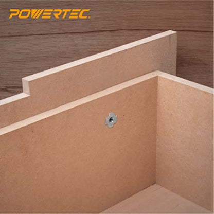 POWERTEC 3/8"-16 T Nuts, 100 Pack | 4 Pronged Tee Nuts for Bolts and Stem Caster Wheels, Threaded Inserts for Woodworking, Rock Climbing Holds and Furniture | 13/32" Length (QTN1106-P2) - size: 13/32", style: 3/8"-16