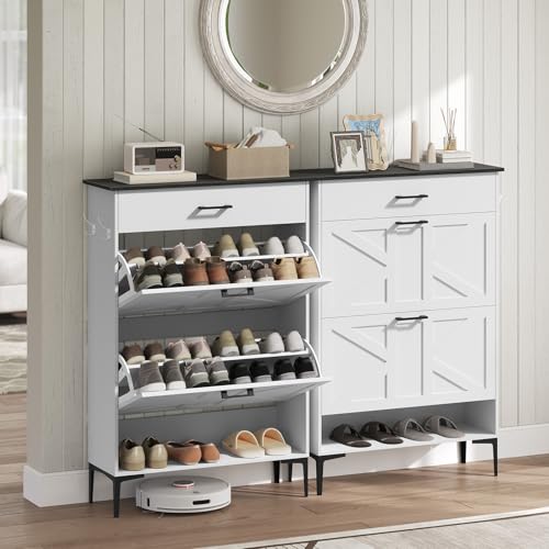 MAHANCRIS Shoe Cabinet with 2 Flip Drawers, Farmhouse Shoe Storage Cabinet for Entryway, Freestanding Narrow Shoe Organizer Cabinet with Adjustable Shelves for Entrance, Black and White SHBB20201