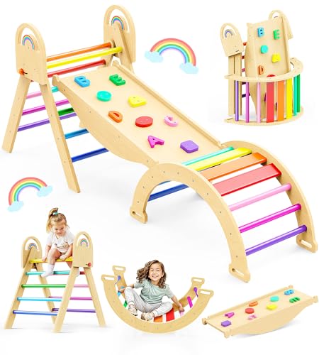 Pikler Triangle Set, 9-in-1 Montessori Climbing Toy for Toddlers, Foldable Wooden Indoor Jungle Gym & Playground Climber for Learning and Motor Skills (18 Months–7 Years) - color: Rainbow