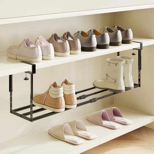 Expandable Shoe Rack Organizer for Cabinet, Adjustable Hanging Under Shelf Storage, Sturdy Round Tube Design, Space Saving Shoe Shelf for Closet, Entryway, Laundry Room, Black - color: Black