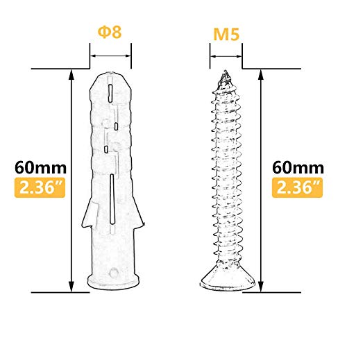 20 Set Screws and Anchors Set M5x60 Screw with 8x60 Plastic Expander Anchor Screw Hole Fillers and Screws Galvanized Plated for Drywall Hollow Wall Concrete Ceiling Tile Wood (Φ8-60mm,20set,M5 x 60) - size: Φ8-60mm