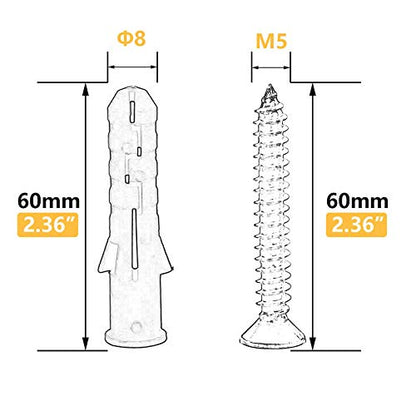 20 Set Screws and Anchors Set M5x60 Screw with 8x60 Plastic Expander Anchor Screw Hole Fillers and Screws Galvanized Plated for Drywall Hollow Wall Concrete Ceiling Tile Wood (Φ8-60mm,20set,M5 x 60) - size: Φ8-60mm