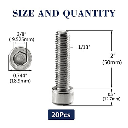 1/2-13 x 2 Socket Head Cap Screws Bolts, 20Pcs 304 Stainless Steel 18-8, Allen Socket Hex Drive, Full Thread, Bright Finish by SG TZH(with Hex Spanner) - size: 1/2-13 x 2"